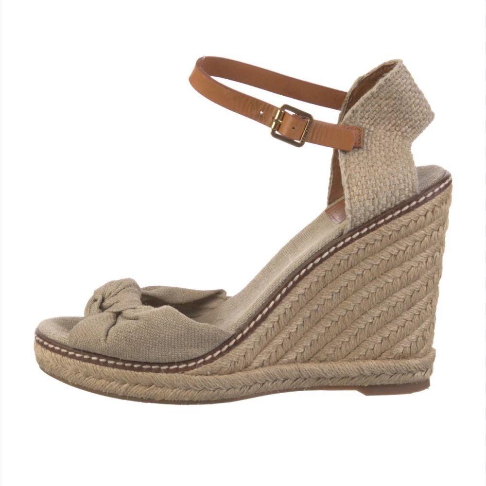 Tory Burch Macy Natural Linen with Metallic Flecks Espadrille Wedges
